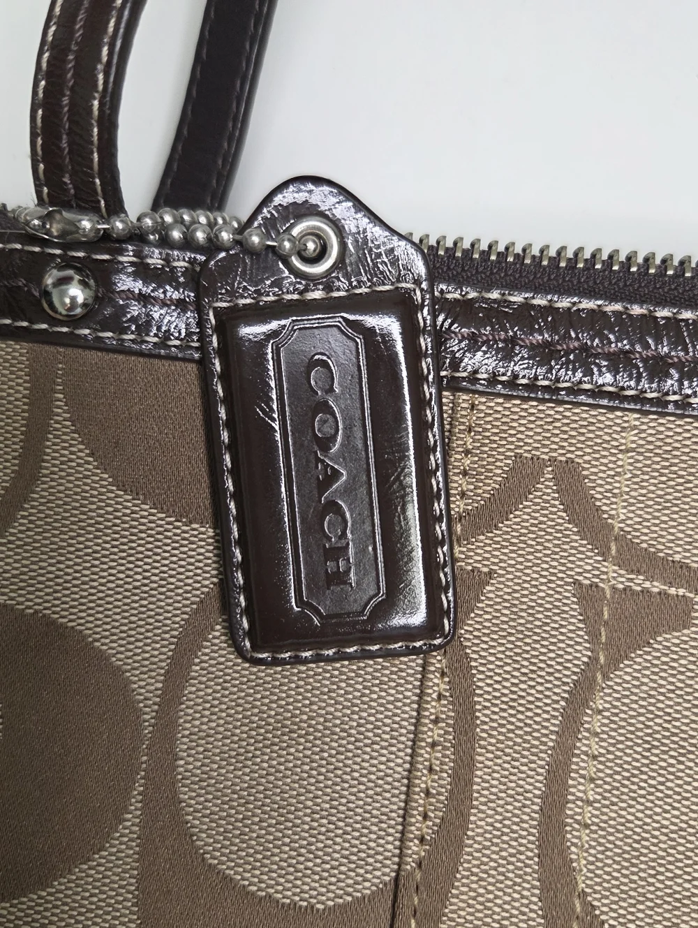 COACH Signature Stripe Tote Brown Khaki Shoulder Bag F13548